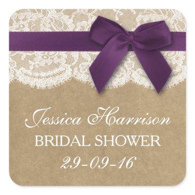 Purple Ribbon On Kraft & Lace Bridal Shower Square Sticker