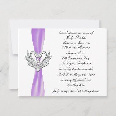 Purple Ribbon Silver Swans Bridal Shower Invite