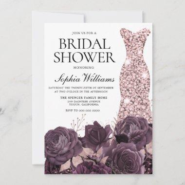 Purple & Rose Gold Flowers & Gown Bridal Shower Invitations