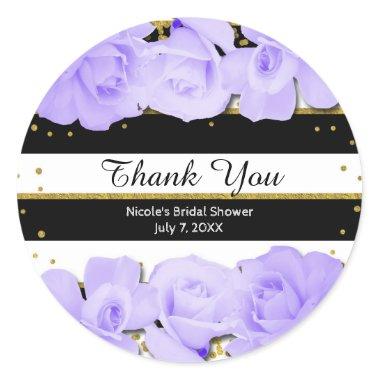 Purple Roses Black Stripes & Gold Bridal Shower Classic Round Sticker