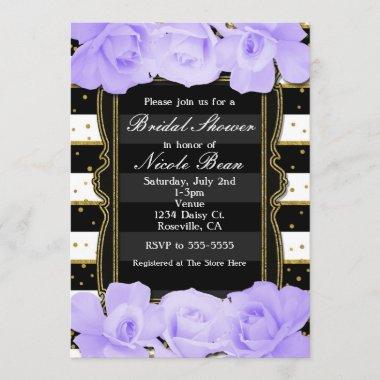 Purple Roses Black Stripes & Gold Bridal Shower Invitations