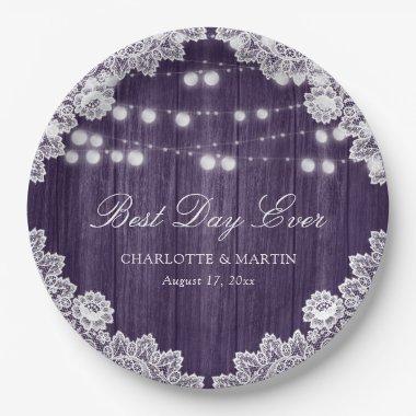 Purple Rustic Wood Lace String Lights Wedding Paper Plates