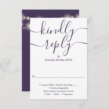 Purple Script String Lights Wedding RSVP Card