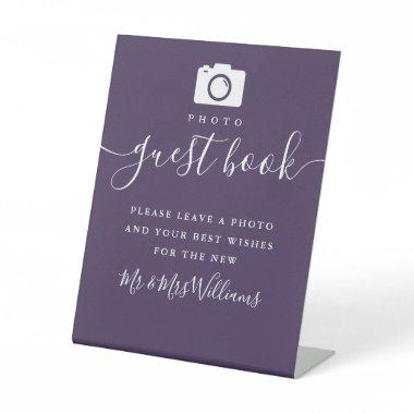 Purple Signature Script Photo Guest Book Pedestal Sign