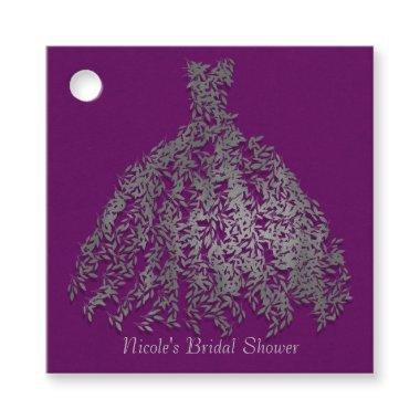 Purple Silver Botanical Leaves Dress Bridal Shower Favor Tags