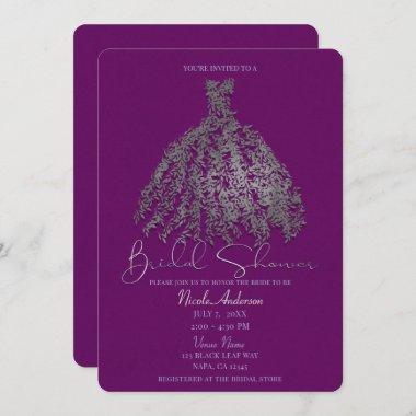Purple Silver Botanical Leaves Dress Bridal Shower Invitations