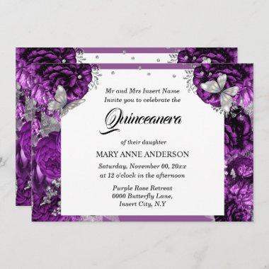 Purple silver butterfly elegant rose quinceanera Invitations