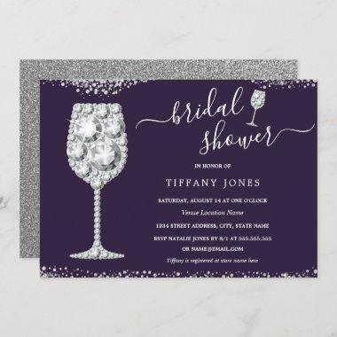 Purple Silver Diamond Bubbly Bridal Shower Invitations
