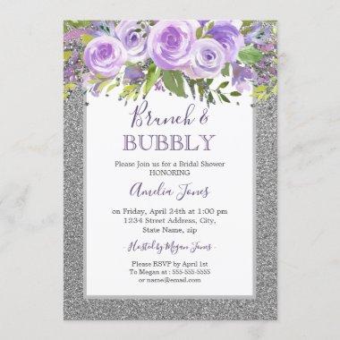 Purple Silver Floral Rose Brunch And Bubbly Shower Invitations