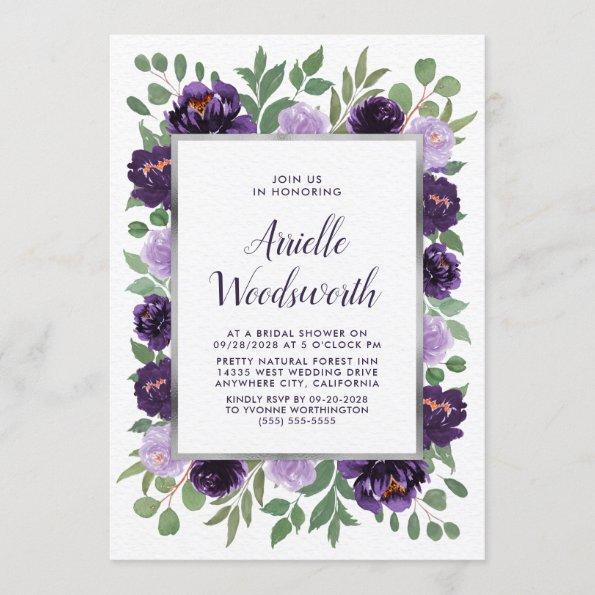 Purple Silver Floral Watercolor Plum Bridal Shower Invitations