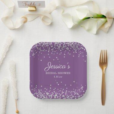Purple Silver Glitter Bride Name Bridal Shower Paper Plates