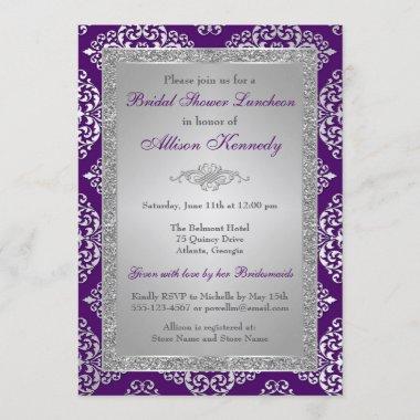 Purple, Silver Glitter Damask Bridal Shower Invite