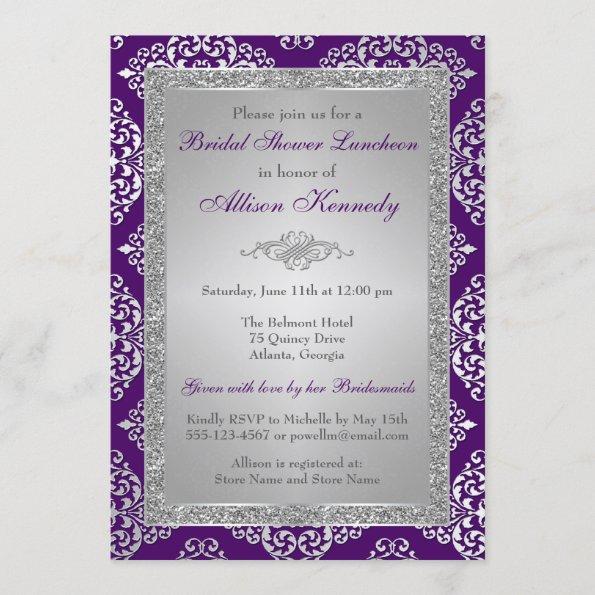 Purple, Silver Glitter Damask Bridal Shower Invite