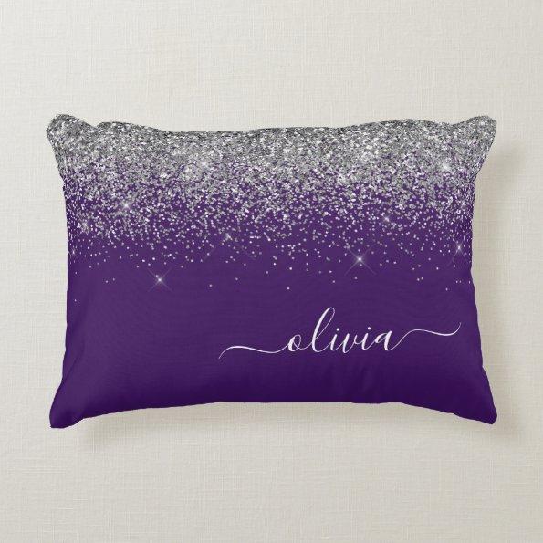 Purple Silver Glitter Girly Glam Monogram Accent Pillow