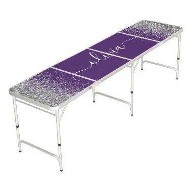 Purple Silver Glitter Girly Glam Monogram Beer Pong Table