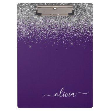 Purple Silver Glitter Girly Glam Monogram Clipboard