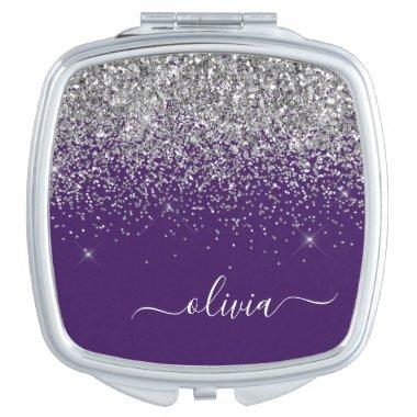 Purple Silver Glitter Girly Glam Monogram Compact Mirror