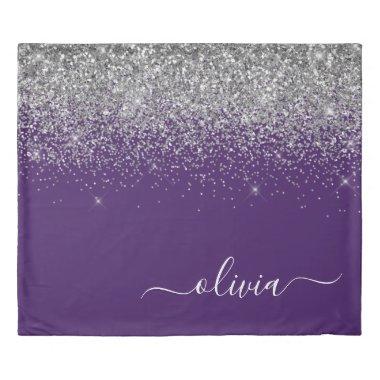 Purple Silver Glitter Girly Glam Monogram Duvet Cover