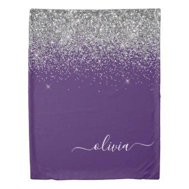 Purple Silver Glitter Girly Glam Monogram Duvet Cover