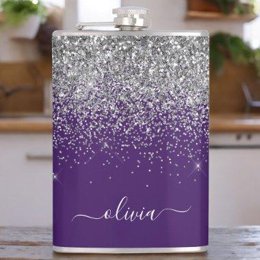 Purple Silver Glitter Girly Glam Monogram Flask