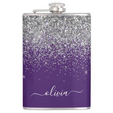 Purple Silver Glitter Girly Glam Monogram Flask
