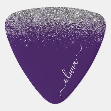 Purple Silver Glitter Girly Glam Monogram Guitar Pick