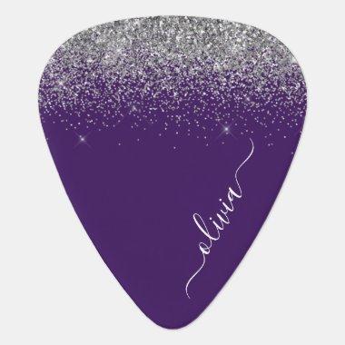 Purple Silver Glitter Girly Glam Monogram Guitar Pick