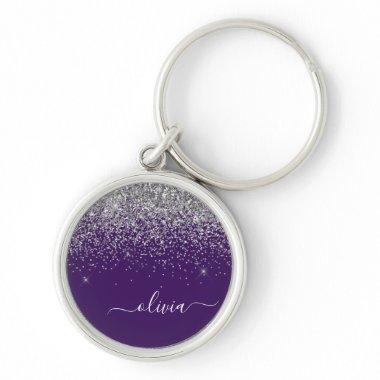 Purple Silver Glitter Girly Glam Monogram Keychain