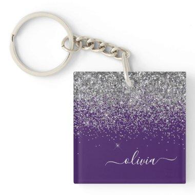 Purple Silver Glitter Girly Glam Monogram Keychain