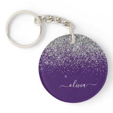 Purple Silver Glitter Girly Glam Monogram Keychain