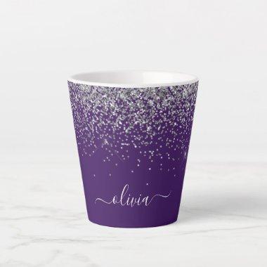 Purple Silver Glitter Girly Glam Monogram Latte Mug