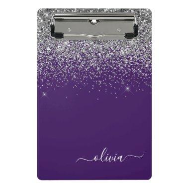 Purple Silver Glitter Girly Glam Monogram Mini Clipboard