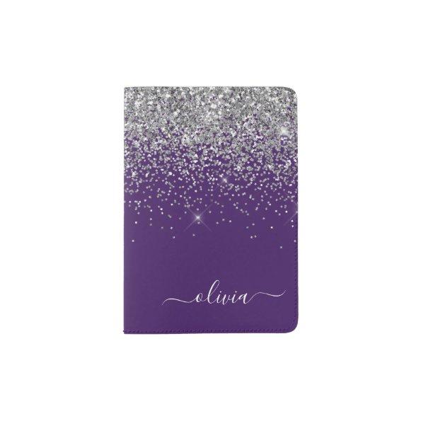 Purple Silver Glitter Girly Glam Monogram Passport Holder