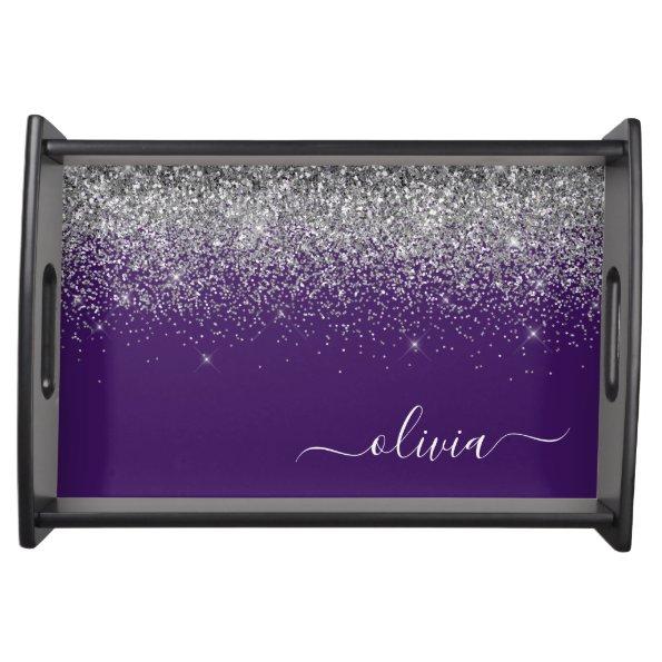 Purple Silver Glitter Girly Glam Monogram Serving Tray