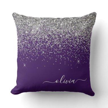 Purple Silver Glitter Girly Glam Monogram Throw Pillow