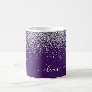 Purple Silver Glitter Girly Monogram Name Coffee Mug
