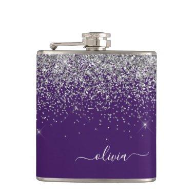 Purple Silver Glitter Girly Monogram Name Flask