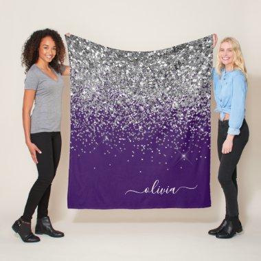 Purple Silver Glitter Girly Monogram Name Fleece Blanket