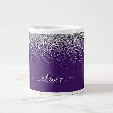 Purple Silver Glitter Girly Monogram Name Giant Coffee Mug