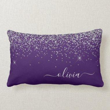 Purple Silver Glitter Girly Monogram Name Lumbar Pillow