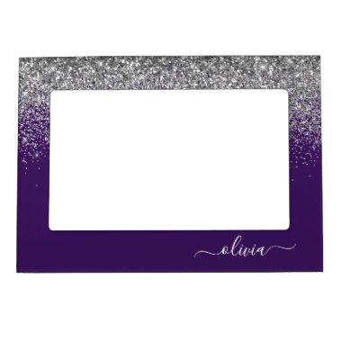 Purple Silver Glitter Girly Monogram Name Magnetic Frame
