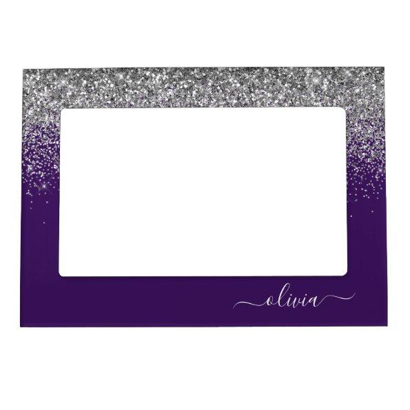 Purple Silver Glitter Girly Monogram Name Magnetic Frame
