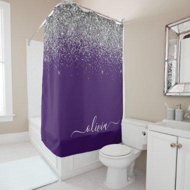 Purple Silver Glitter Girly Monogram Name Shower Curtain