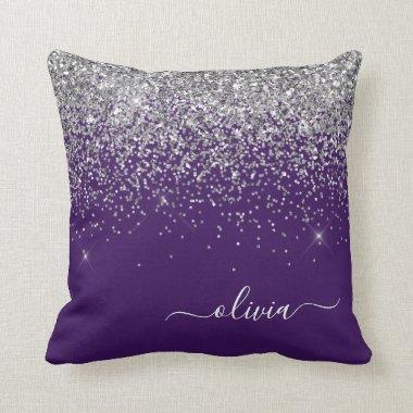 Purple Silver Glitter Girly Monogram Name Throw Pillow