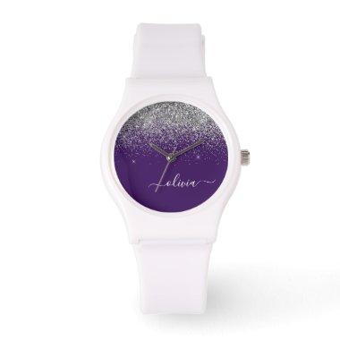 Purple Silver Glitter Girly Monogram Name Watch