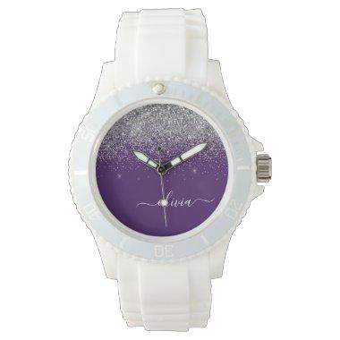 Purple Silver Glitter Girly Monogram Name Watch