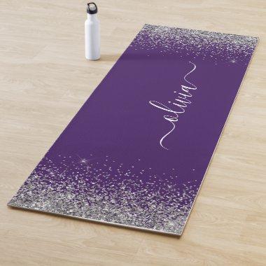 Purple Silver Glitter Girly Monogram Name Yoga Mat