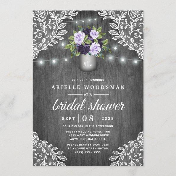 Purple Silver Gray Floral Rustic Bridal Shower Invitations