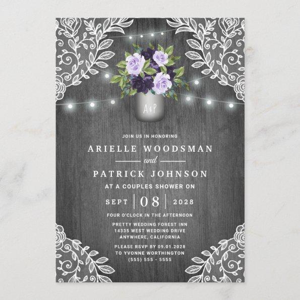 Purple Silver Gray Floral Rustic Couples Shower Invitations