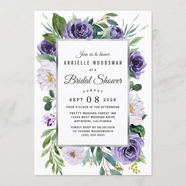 Purple Silver Gray Watercolor Floral Bridal Shower Invitations